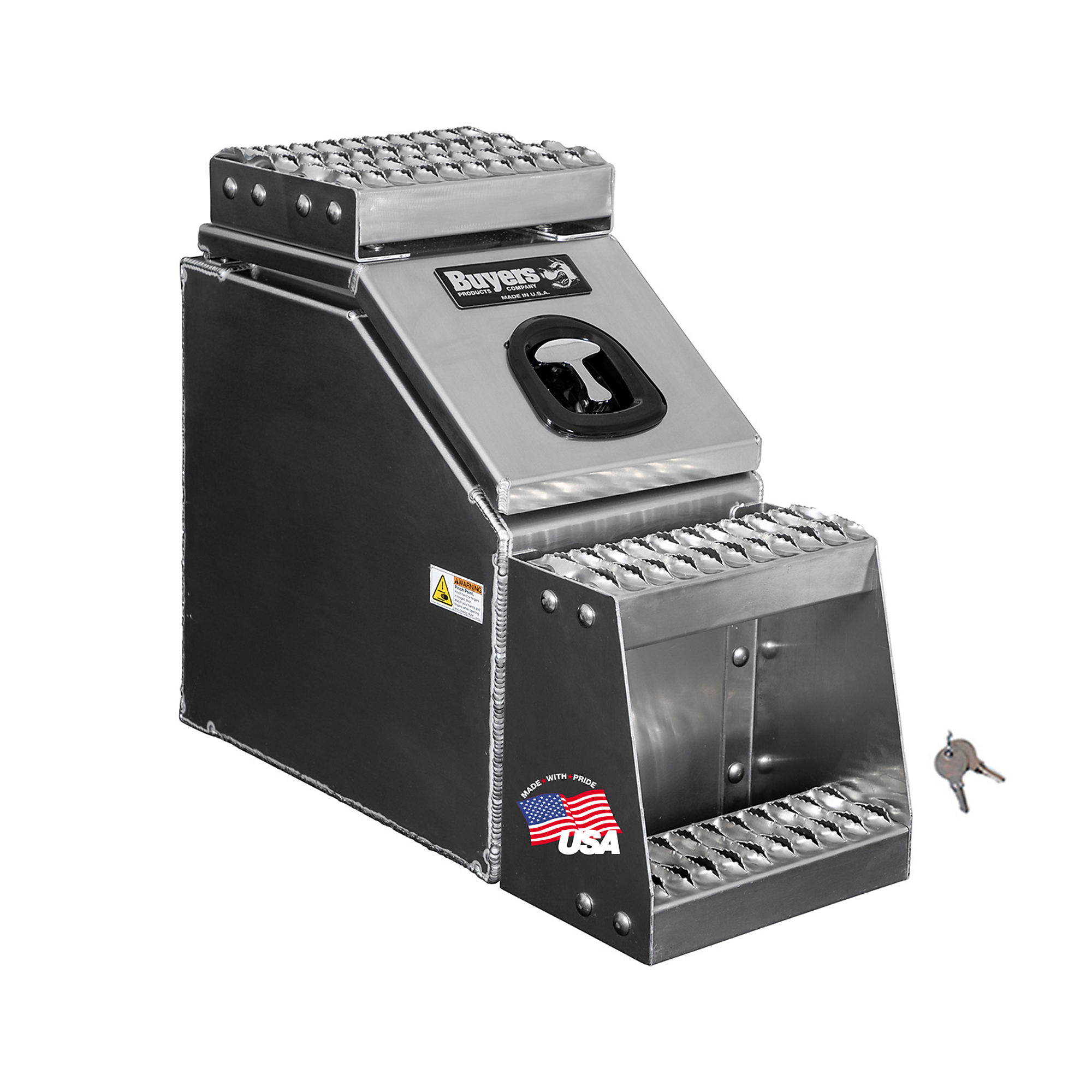 Buyers Products, 12in. Wide Saddle Side Step Semi Truck Tool Job Storage Box, Width 28 in, Material Aluminum, Color Finish Diamond Plate Silver, Model# 1705280